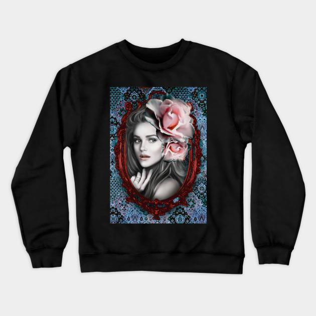 Light Blue Pink Roses Portrait Black and White Beautiful Girls Artwork Crewneck Sweatshirt by Relaxing Art Shop